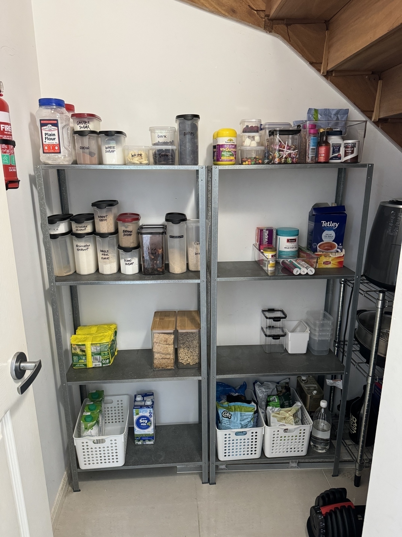 some organised pantry shelves. Everything is in its place!